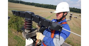 Monteur führt Vogelschutzmassnahmen an Freileitungen durch Monteur führt Vogelschutzmassnahmen an Freileitungen durch