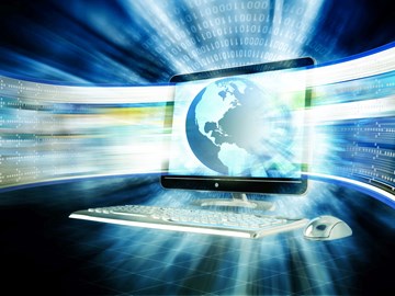 PC in blau strahlendem Fluss aus Daten - Symbolbild PC in blau strahlendem Fluss aus Daten - Symbolbild