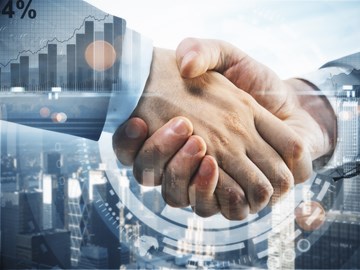 Händeschütteln vor einer Skyline und Grafiken - Bildmontage Händeschütteln vor einer Skyline und Grafiken - Bildmontage