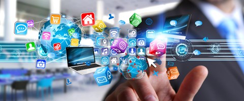 Mann im Anzug tippt mit dem Finger in einen Technologie-Strudel aus Symbolen, Würfeln und Daten  - Bildmontage Mann im Anzug tippt mit dem Finger in einen Technologie-Strudel aus Symbolen, Würfeln und Daten  - Bildmontage