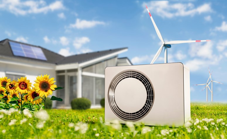Wärmepumpe mit Haus-, Fotovoltaik- und Windkraft für erneuerbare Energien Wärmepumpe mit Haus-, Fotovoltaik- und Windkraft für erneuerbare Energien