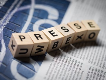 Sechs Holzwürfel auf einer Zeitung bilden das Wort „Presse Sechs Holzwürfel auf einer Zeitung bilden das Wort „Presse
